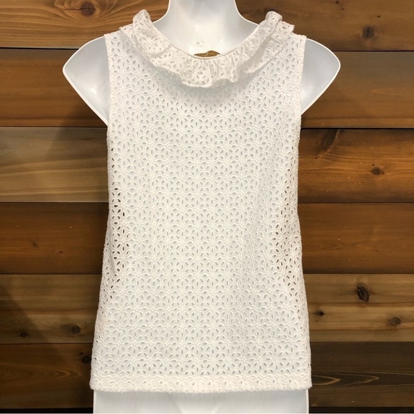 KATE Spade white all cotton eyelet sleeveless ruffle neck top Size 0 - Picture 9 of 9